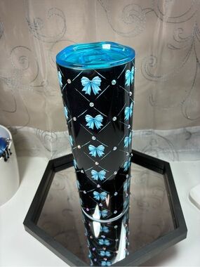 Stainless Steel Black Tumbler with Blue Bows and Rhinestones